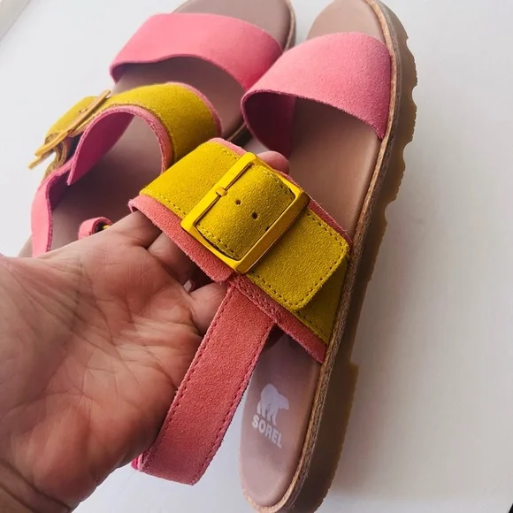 New Sorel Pink and Yellow Suede Sandals - Picture 2 of 5